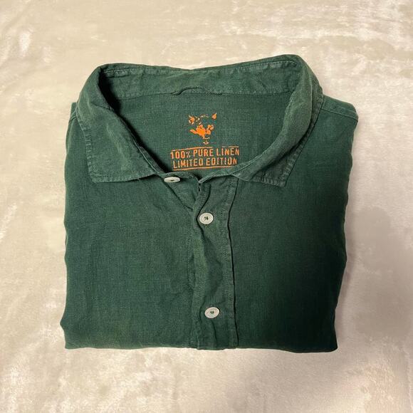 Wolf 100% Linen Button Up Mens XL Long Sleeve Dark Green Summer Autumn - Picture 6 of 6